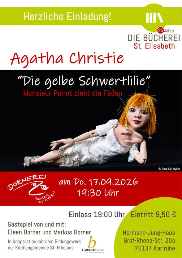 Quelle: Bücherei St. Elisabeth 17.09.2026 Theatervorstellung Dornerei Theater mit Puppen, Agatha Christie "Die gelbe Schwertlilie"