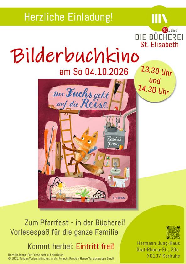 Quelle: Bücherei St. Elisabeth Einladung zum Bilderbuchkino 04.10..26 in der Bücherei St. Elisabeth 13.30 Uhr und 14.30 Uhr