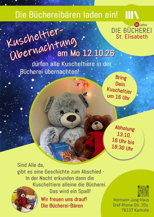 Quelle: Bücherei St. Elisabeth Einladung zur Kuscheltierübernachtung in Bücherei St. Elisabeth am 12.10.26